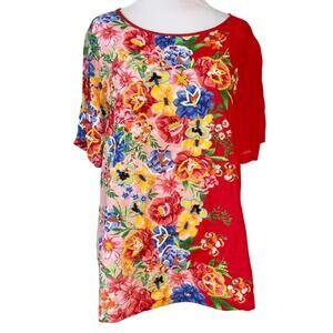 Vineet Bahl Womens Floral Short Sleeve Top M Red Embroidered Beaded Boho Artsy
